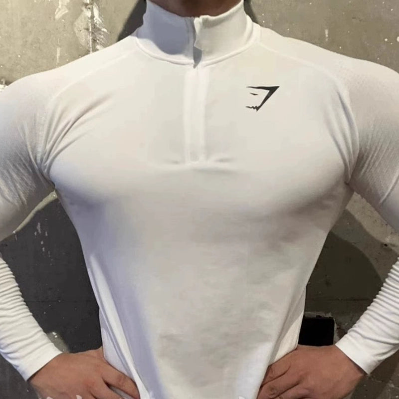 2025 New Fitness Men's Thin Casual Sports Top Shark Seamless Slim Quick Dry Stretch Long Sleeve Top