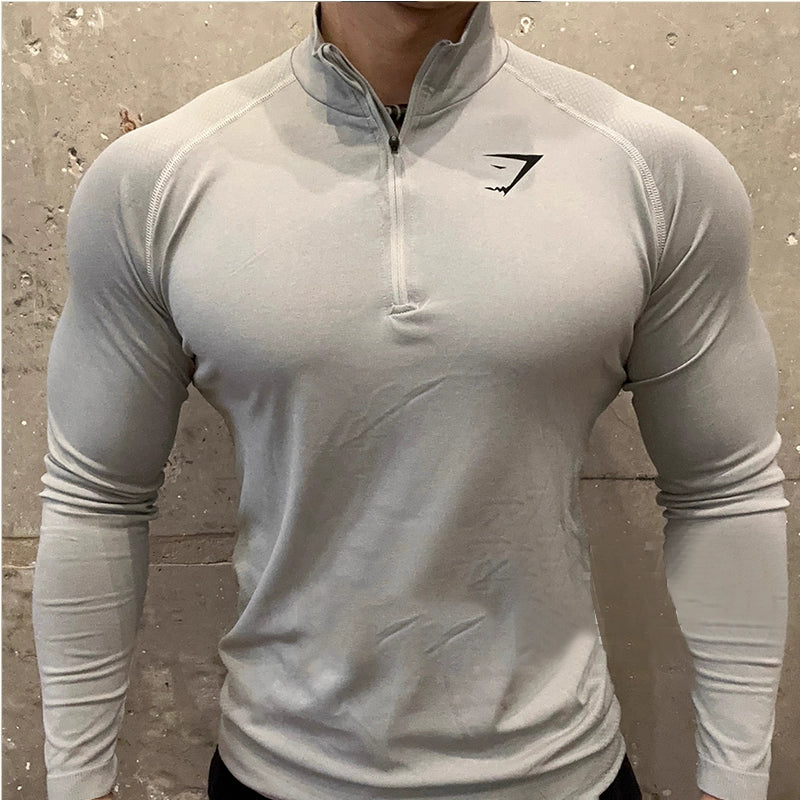 2025 New Fitness Men's Thin Casual Sports Top Shark Seamless Slim Quick Dry Stretch Long Sleeve Top