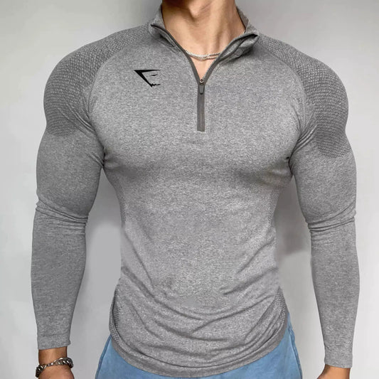 2025 New Fitness Men's Thin Casual Sports Top Shark Seamless Slim Quick Dry Stretch Long Sleeve Top