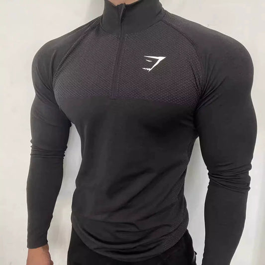 2025 New Fitness Men's Thin Casual Sports Top Shark Seamless Slim Quick Dry Stretch Long Sleeve Top